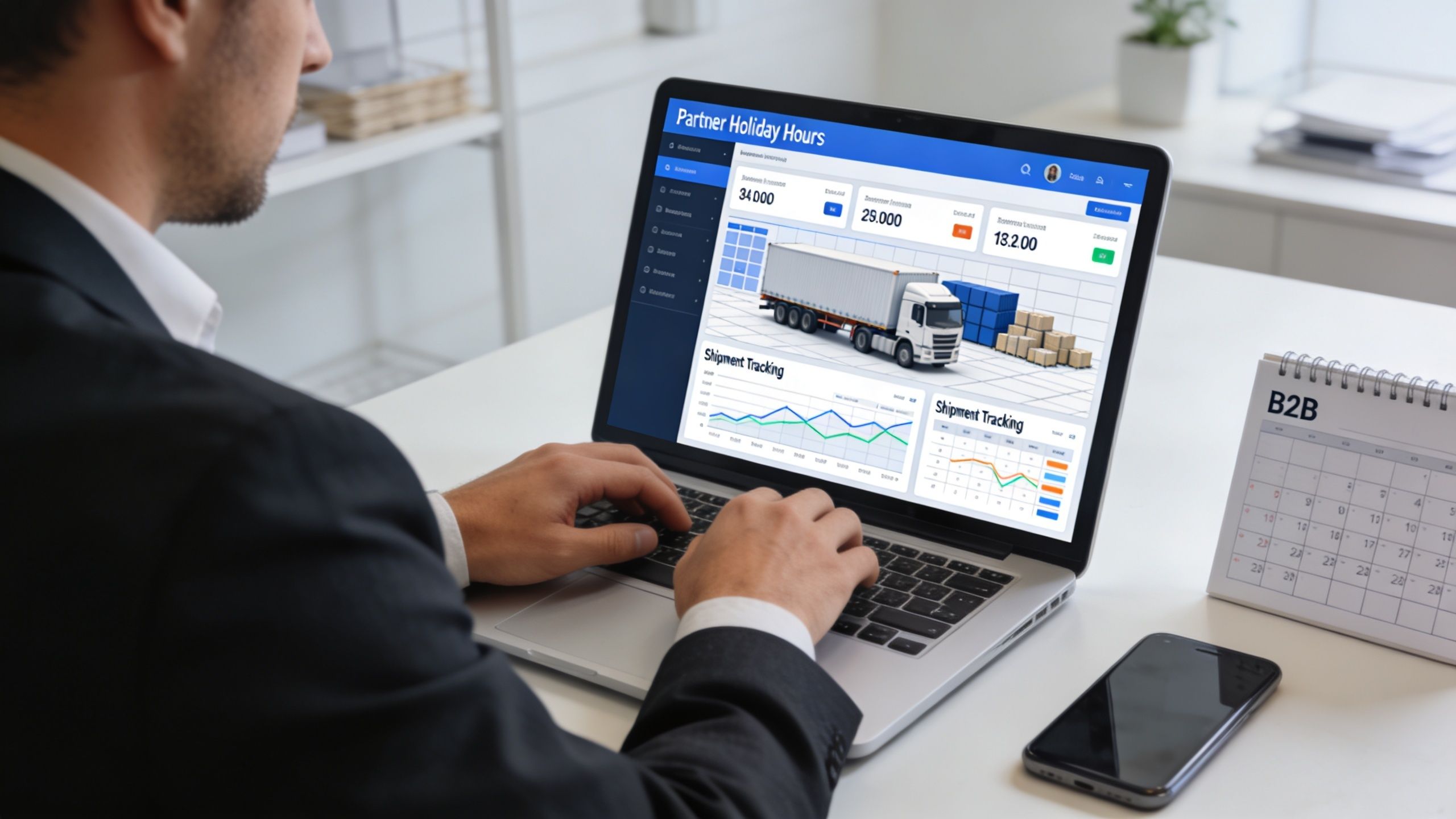A professional man in a suit working on a laptop displaying logistics software and shipment tracking data.