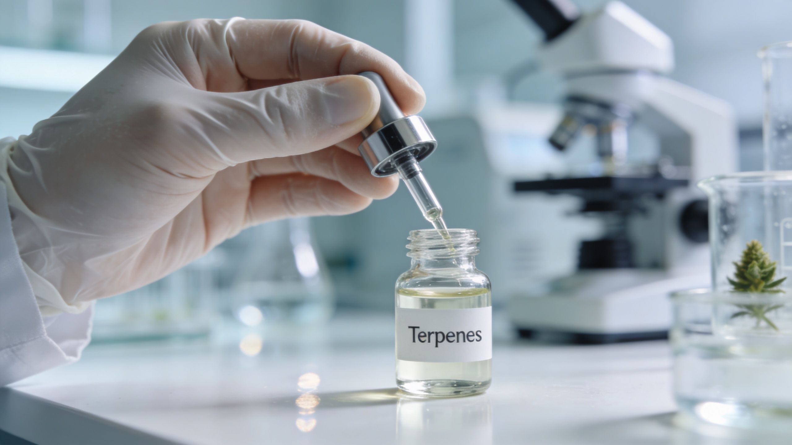A gloved hand uses a dropper to extract liquid from a bottle labeled Terpenes in a lab.