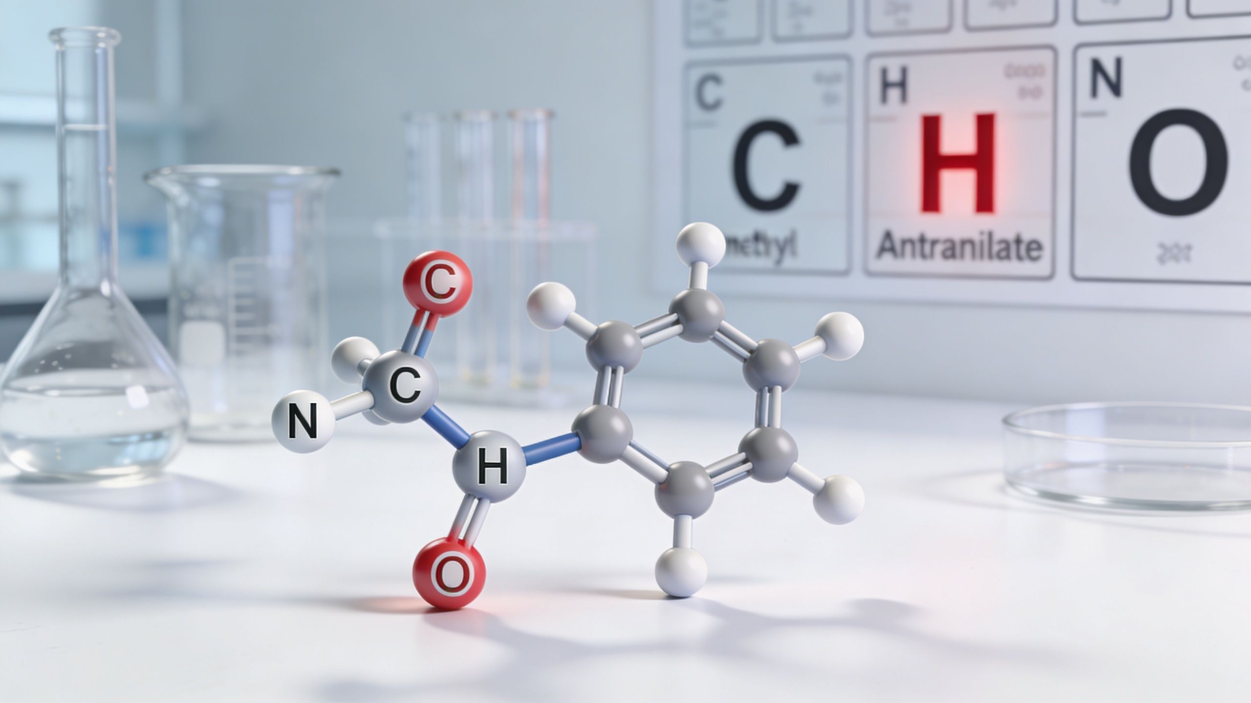 A chemical model of a molecule sitting on a laboratory table with a periodic table in background.
