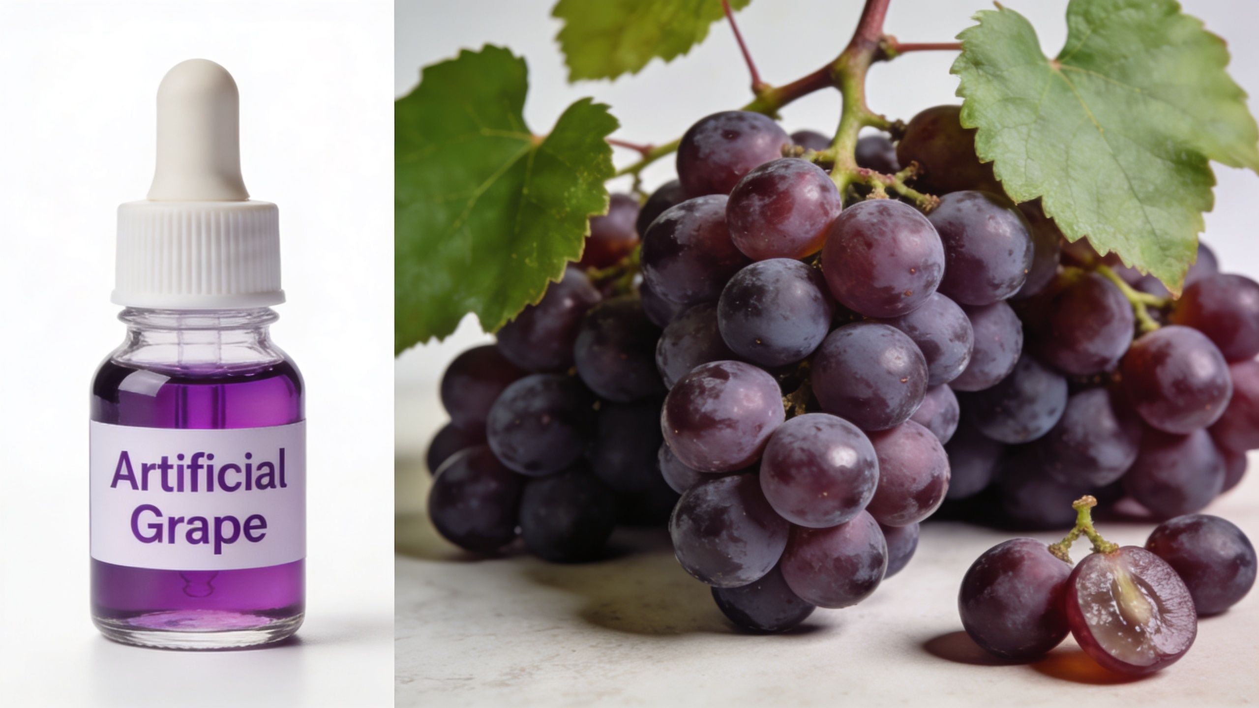 A dropper bottle labeled artificial grape next to a large cluster of fresh, ripe purple grapes.