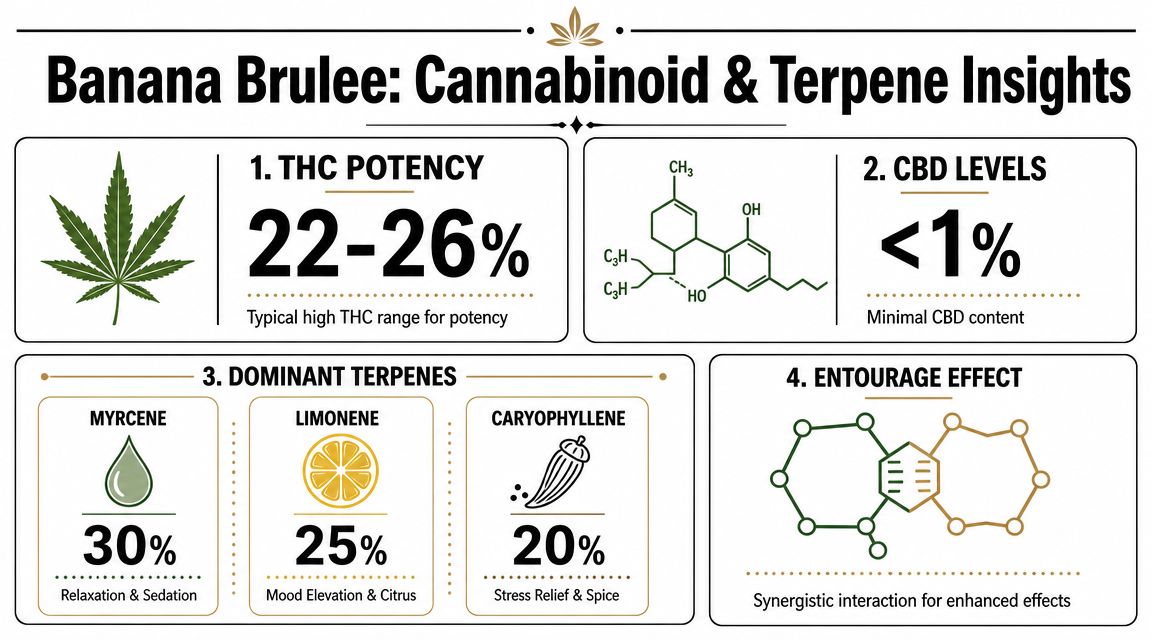 An infographic showing the cannabinoid and terpene profile of the Banana Brulee cannabis strain.