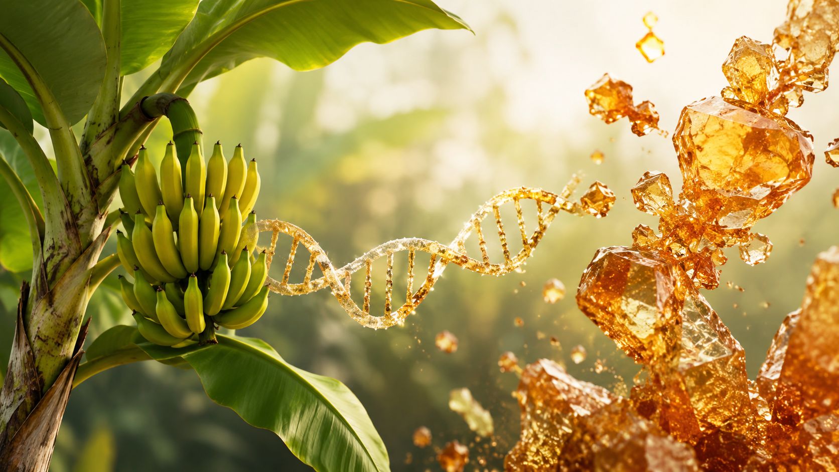 A banana plant with a DNA strand bridging to glowing golden crystalline structures in nature.