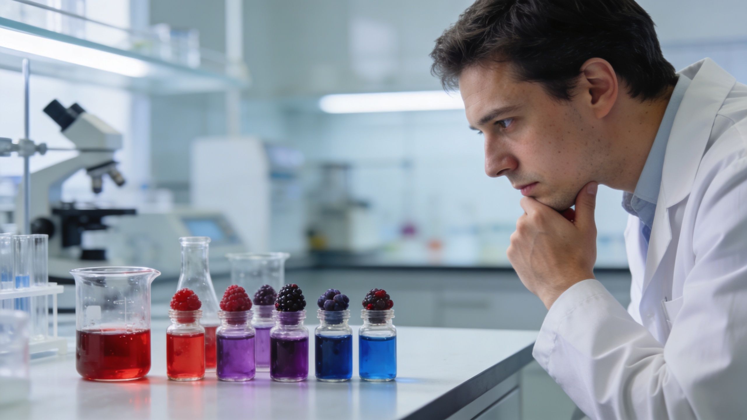 A scientist in a lab coat observes several glass vials filled with colorful berry-infused liquids.