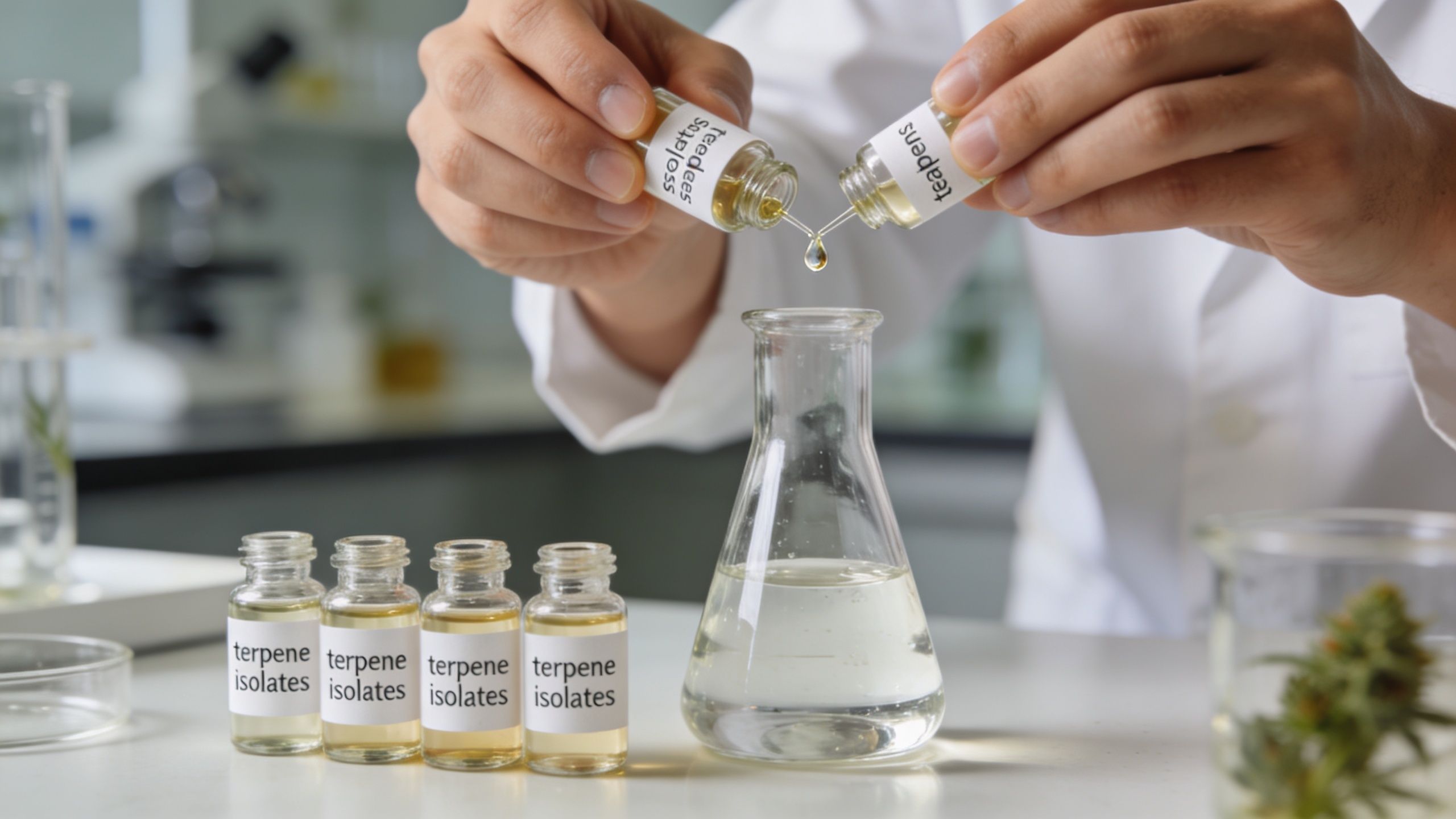 A scientist in a laboratory mixing terpene isolates for the berry berry strain into a glass beaker.