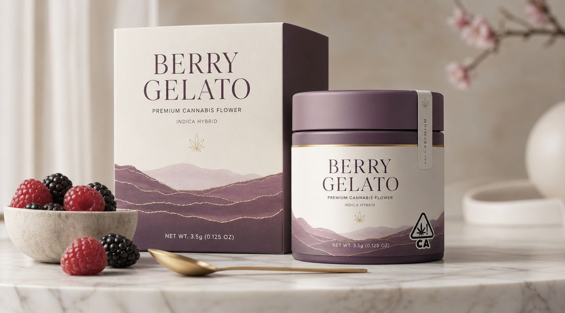 Premium Berry Gelato cannabis flower packaging with a box, jar, and fresh berries on a marble counter.