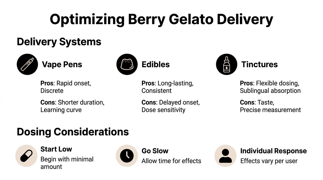 An infographic titled Optimizing Berry Gelato Delivery illustrating various delivery systems and dosing considerations for consumers.