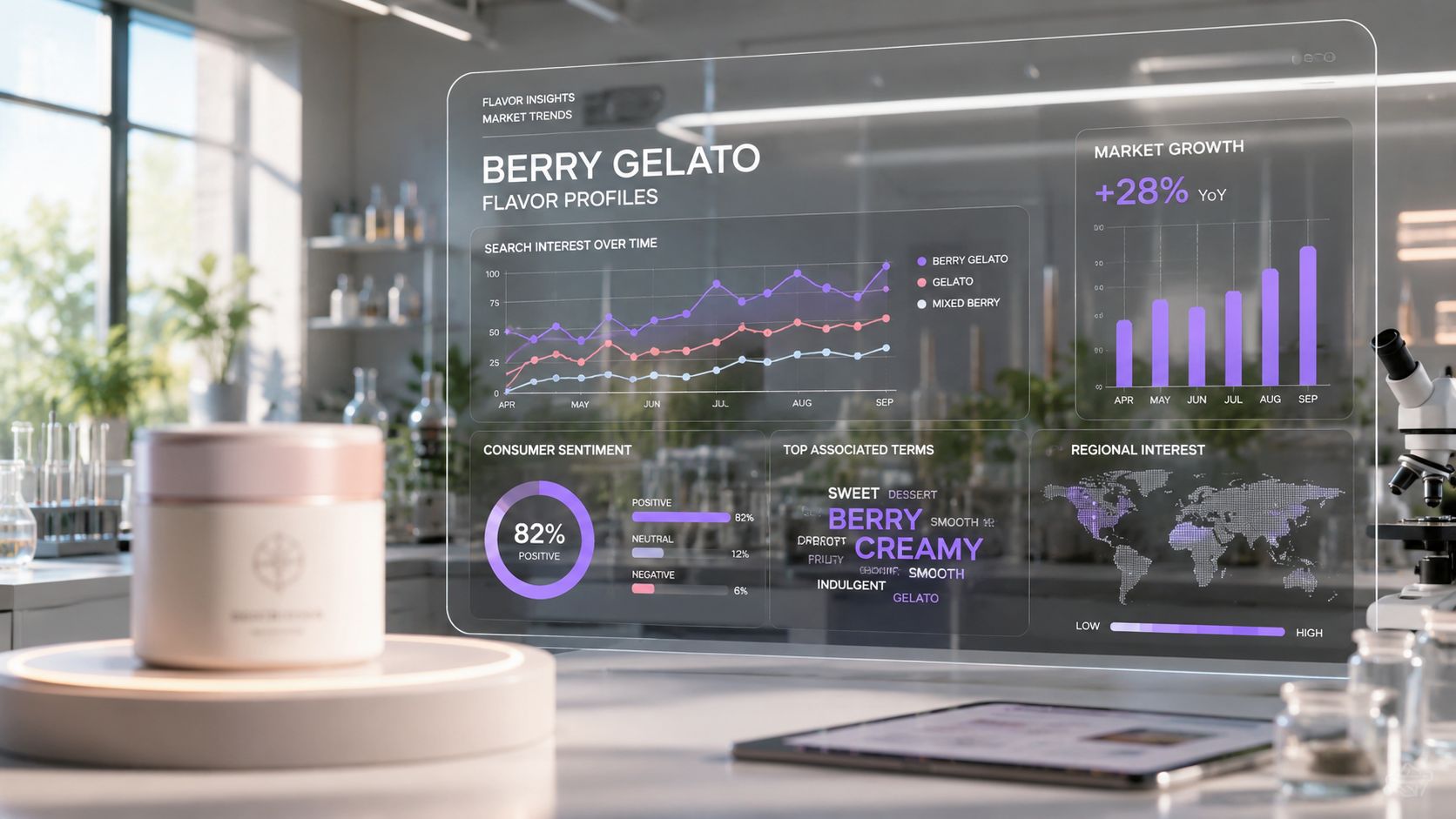 A digital holographic display showing market trends, consumer sentiment, and flavor profile data for Berry Gelato.