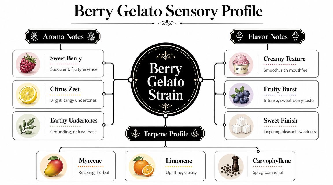 A sensory profile infographic for the Berry Gelato strain, detailing its aromas, flavors, and terpene profile.