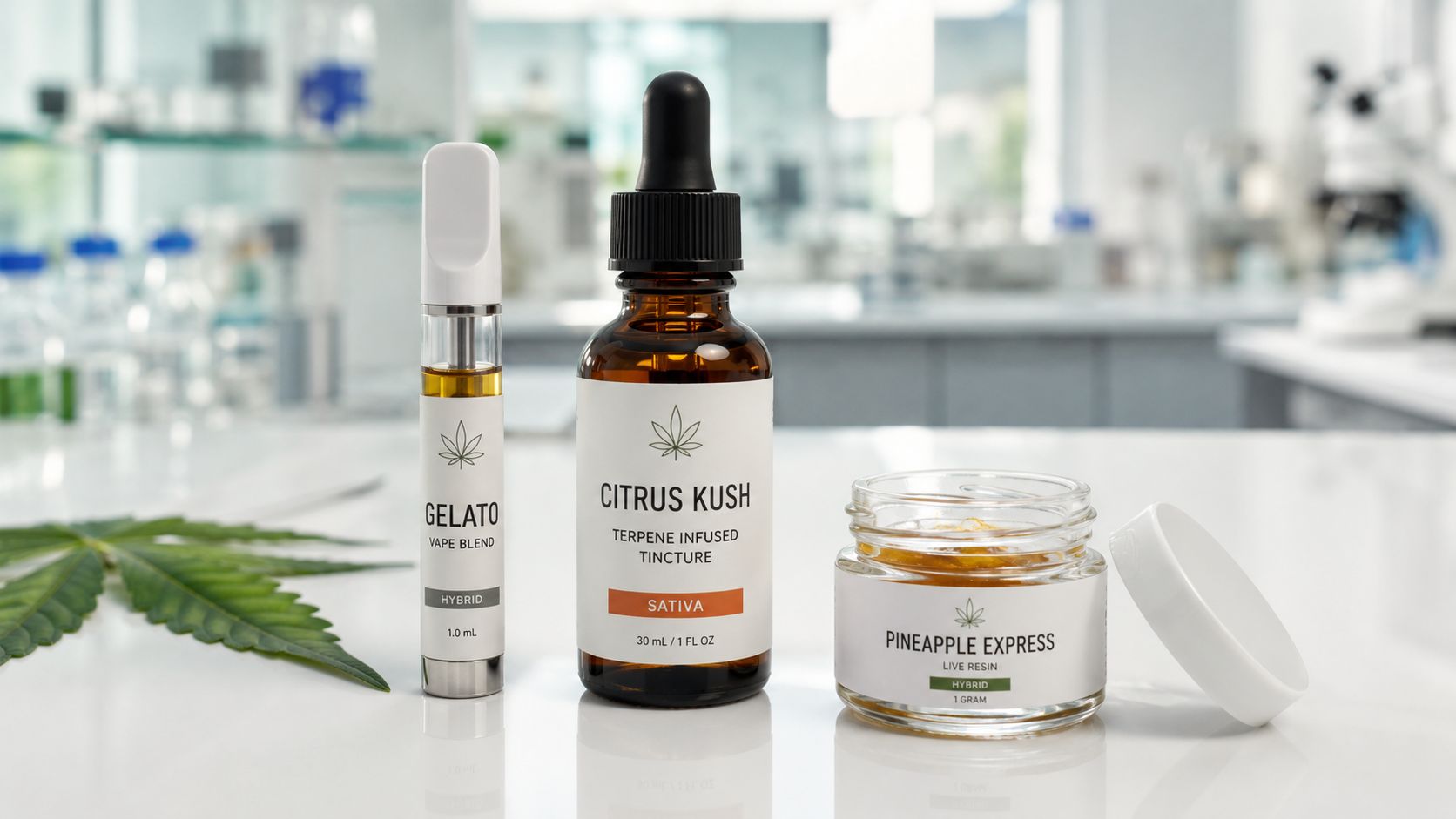 A collection of cannabis products including a Gelato vape pen, Citrus Kush tincture, and Pineapple Express resin.