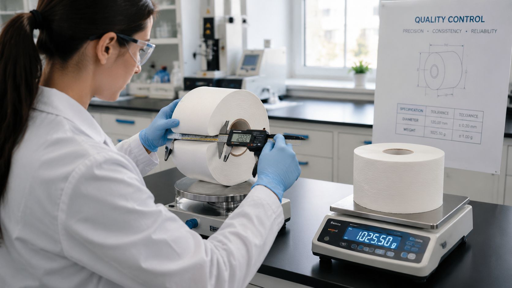 A lab technician measures a large toilet paper roll using digital calipers during quality control testing.
