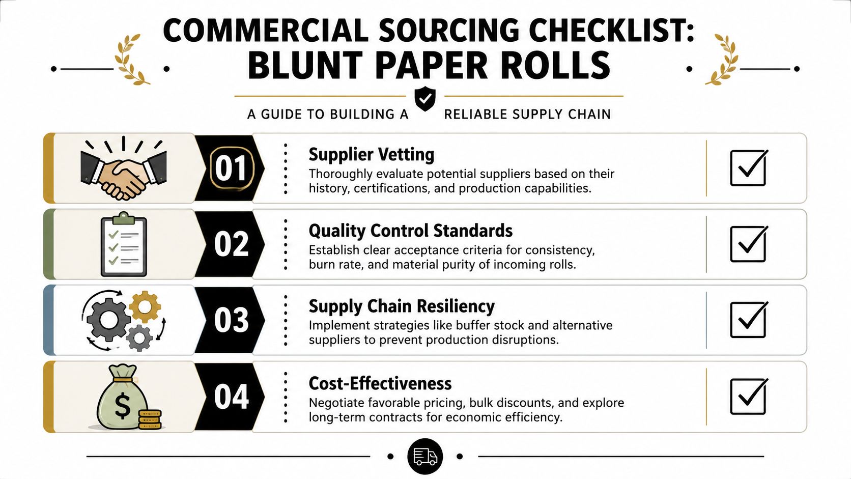 A professional checklist outlining four key steps for sourcing high-quality blunt paper rolls for business supply chains.