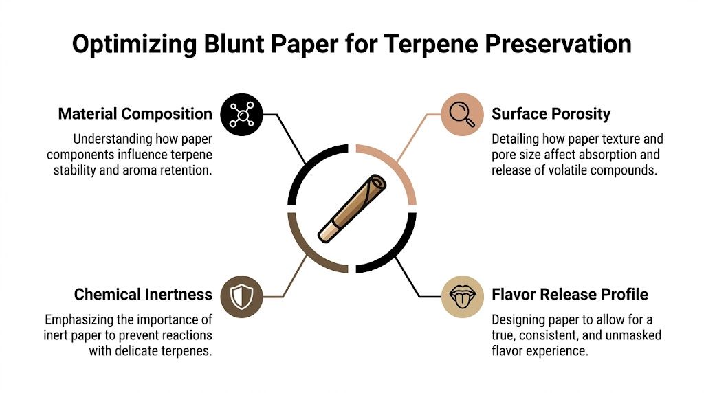 An infographic diagram explaining key factors for optimizing blunt paper to ensure better terpene preservation and flavor.