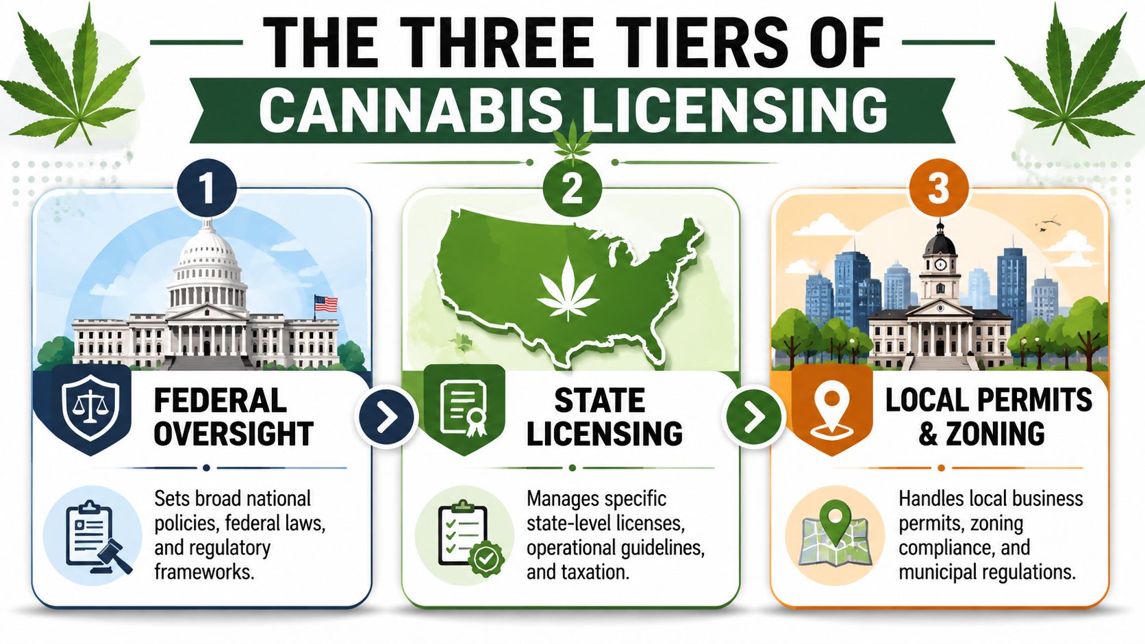 An infographic illustrating the three tiers of cannabis licensing: federal oversight, state licensing, and local permits and zoning.