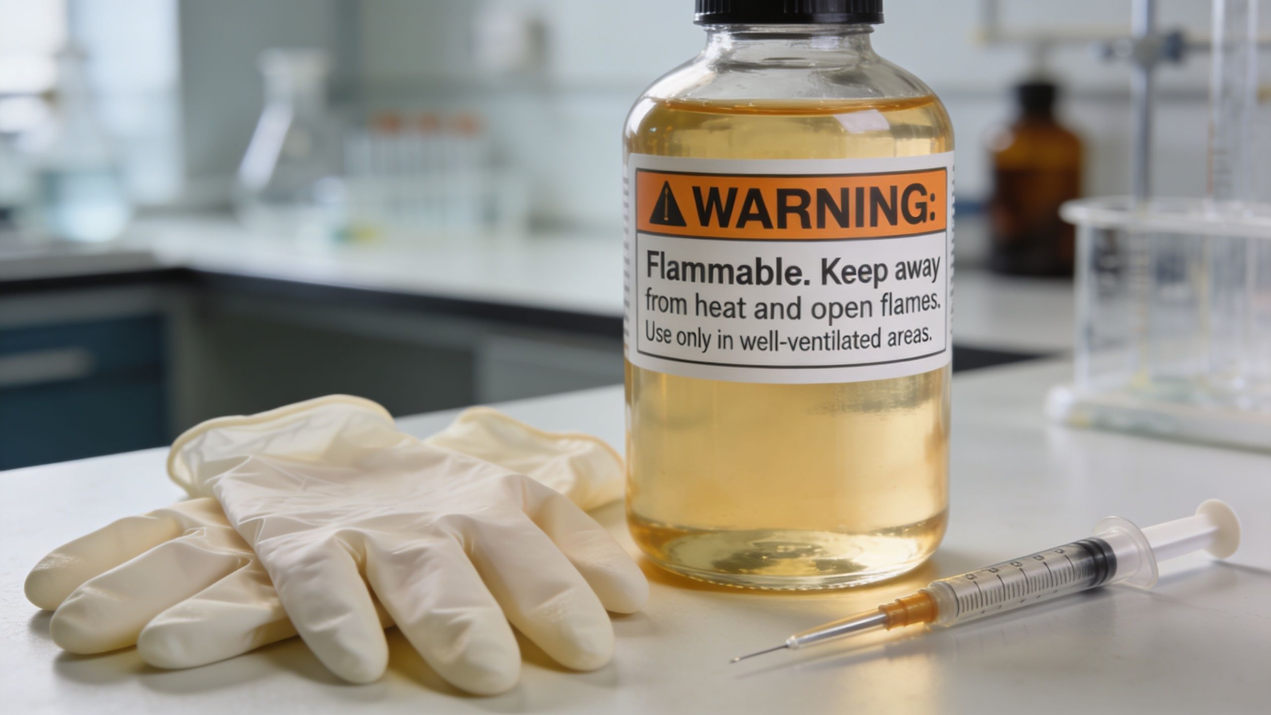 A glass bottle containing amber-colored camphor oil with a warning label beside lab gloves and a syringe.