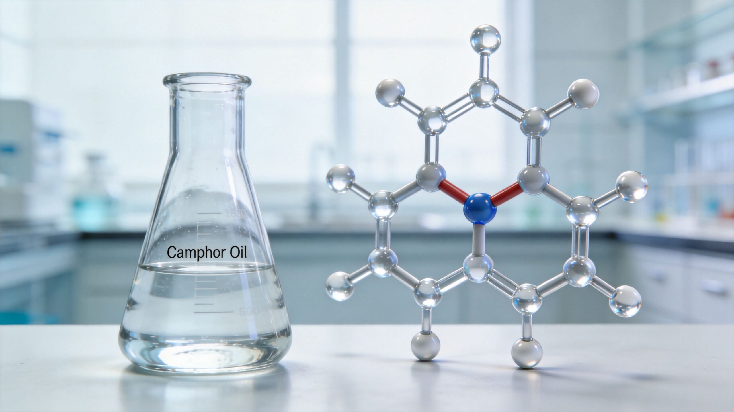 A laboratory flask containing camphor oil next to a molecular model on a clean white desk.