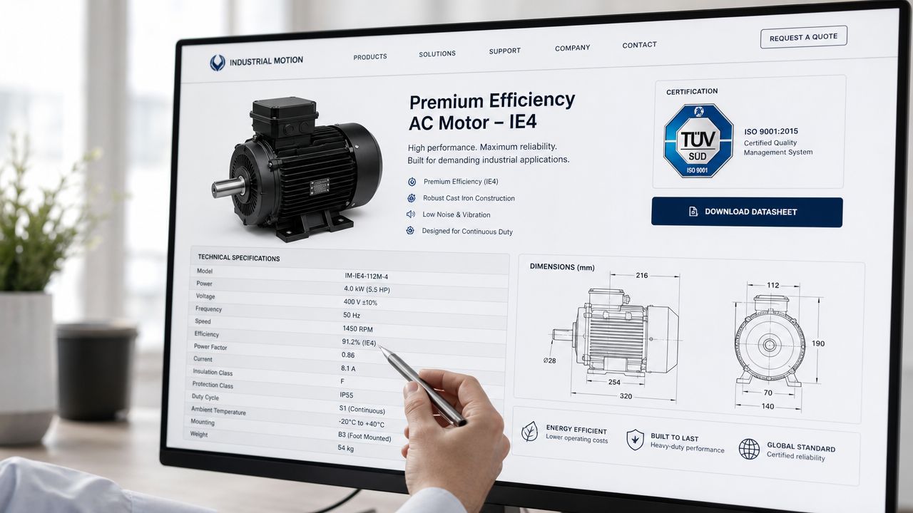 A professional examining technical specifications and dimensions of an industrial electric motor on a computer screen.