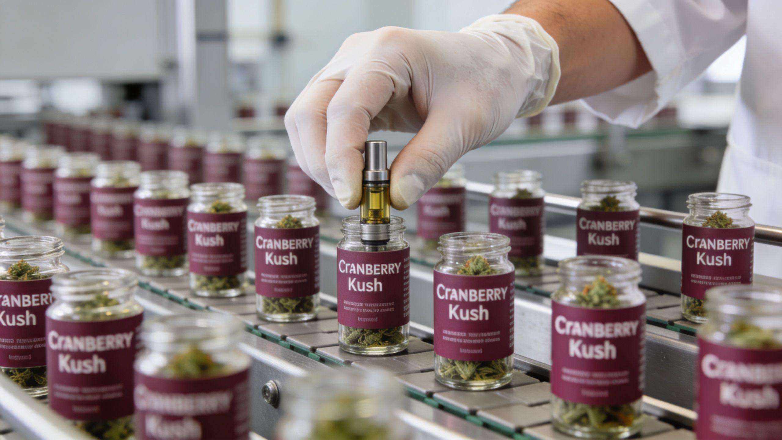A gloved hand places a cannabis concentrate vape cartridge into a glass jar labeled Cranberry Kush on a conveyor.