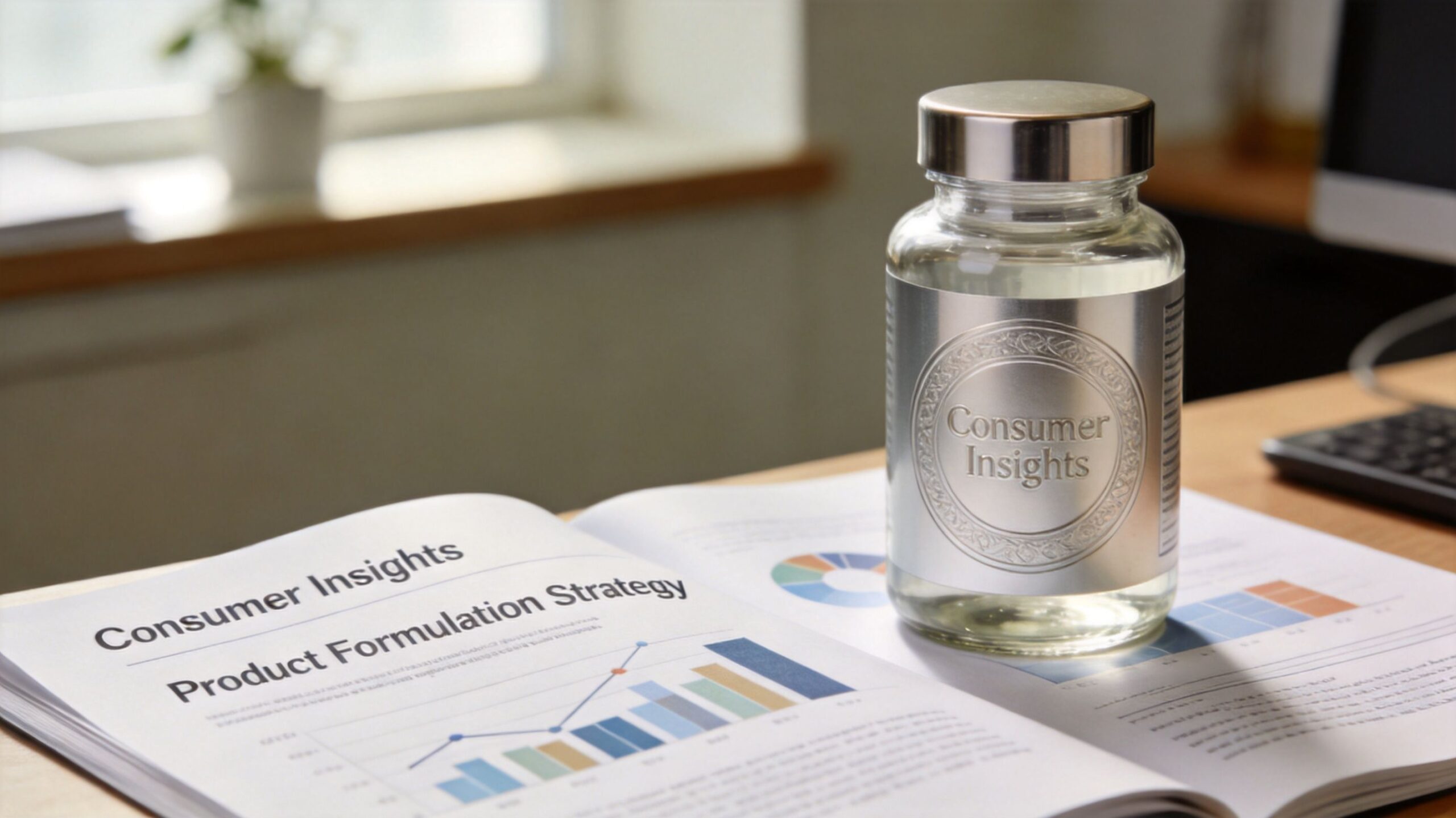 A glass bottle labeled Consumer Insights sits on an open report about product formulation strategies.