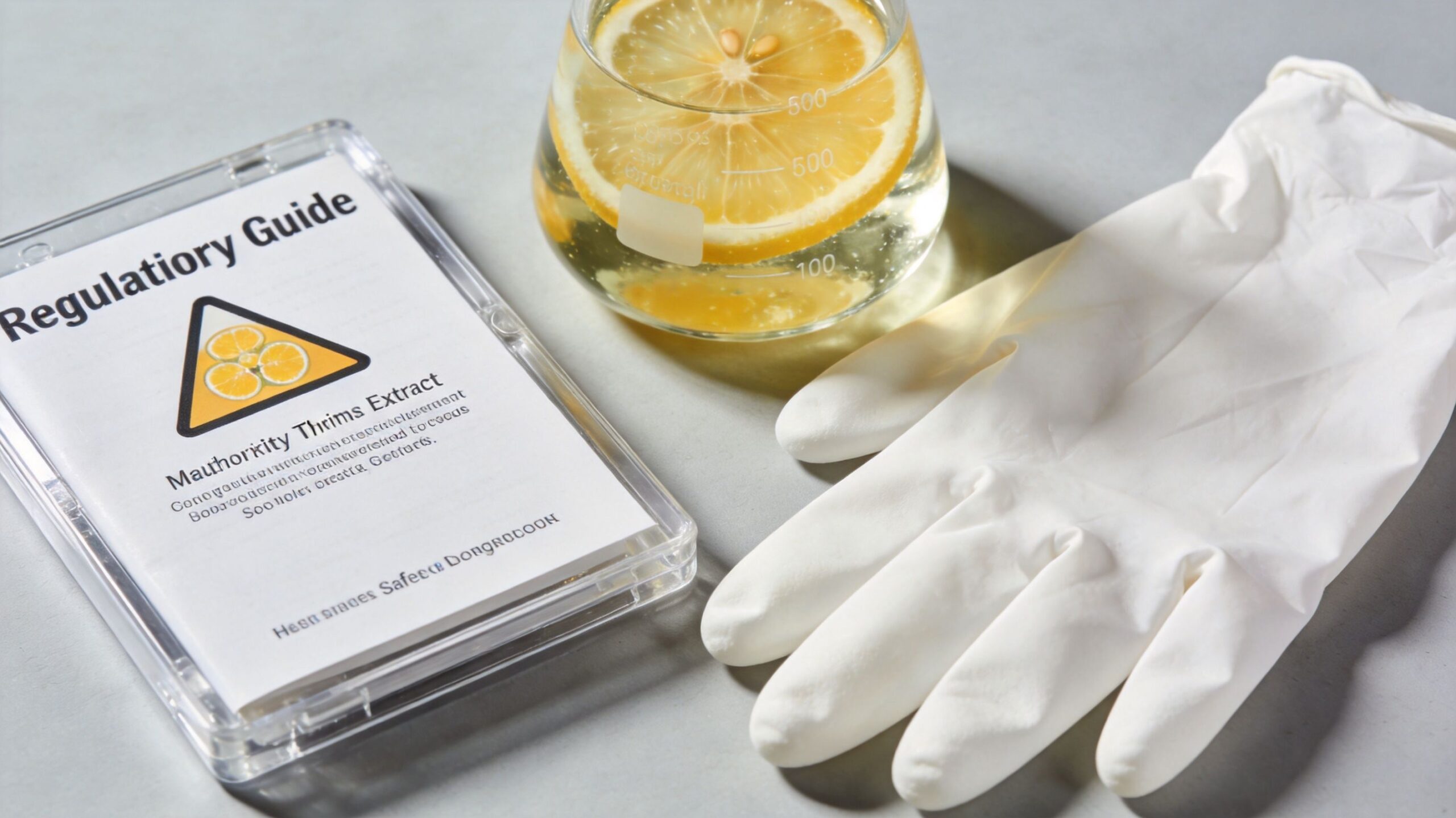 A regulatory guide document beside a beaker filled with lemon slices in liquid and a protective lab glove.