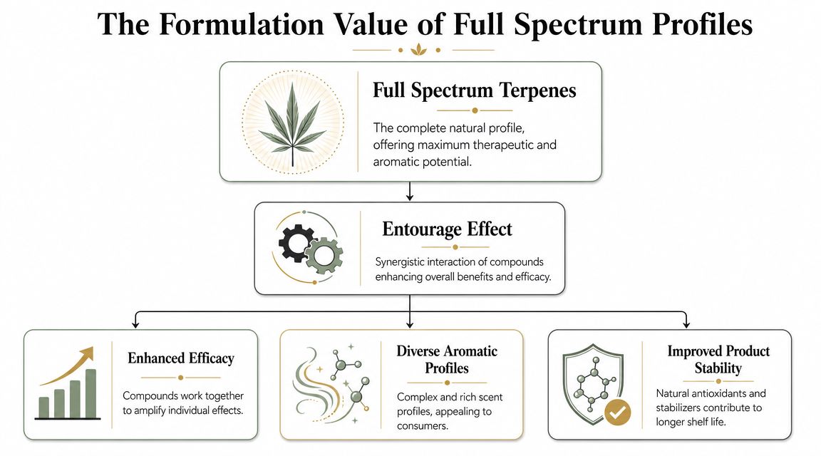 A diagram explaining the formulation value of full spectrum terpenes and their benefits like the entourage effect.