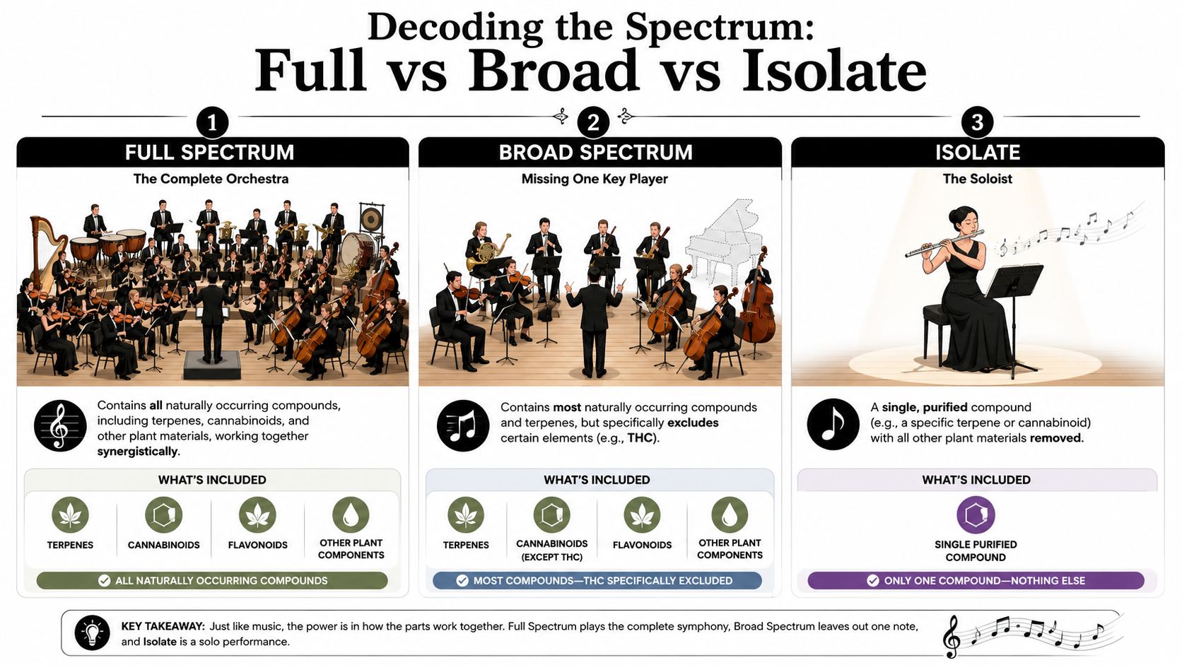 An infographic comparing full spectrum, broad spectrum, and isolate cannabis products using musical orchestra metaphors.
