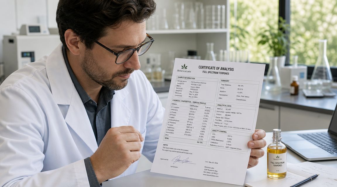 A scientist in a lab coat reviews a certificate of analysis for full spectrum terpenes.