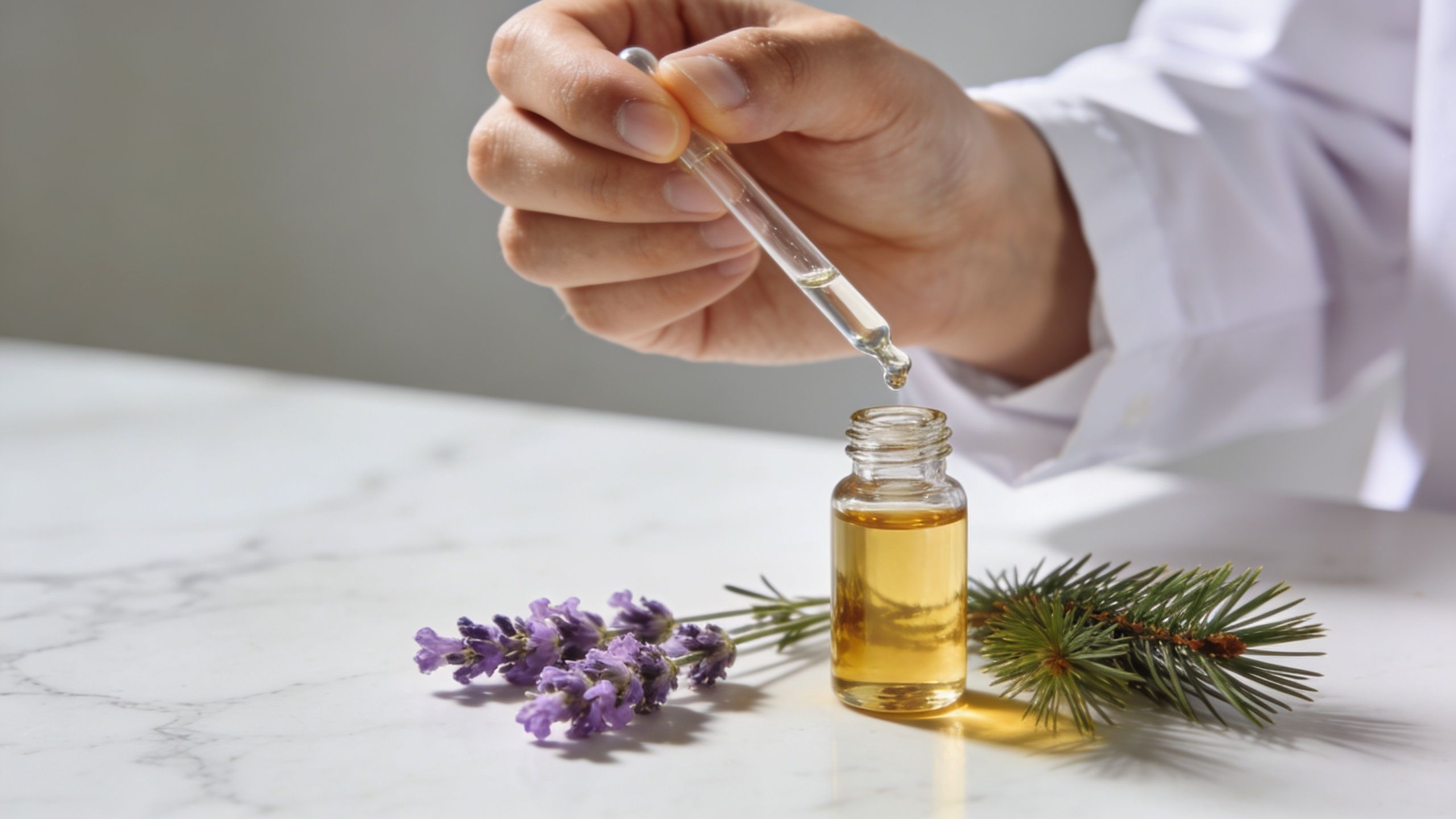 A scientist in a white coat uses a glass dropper to extract essential oil from a small bottle.