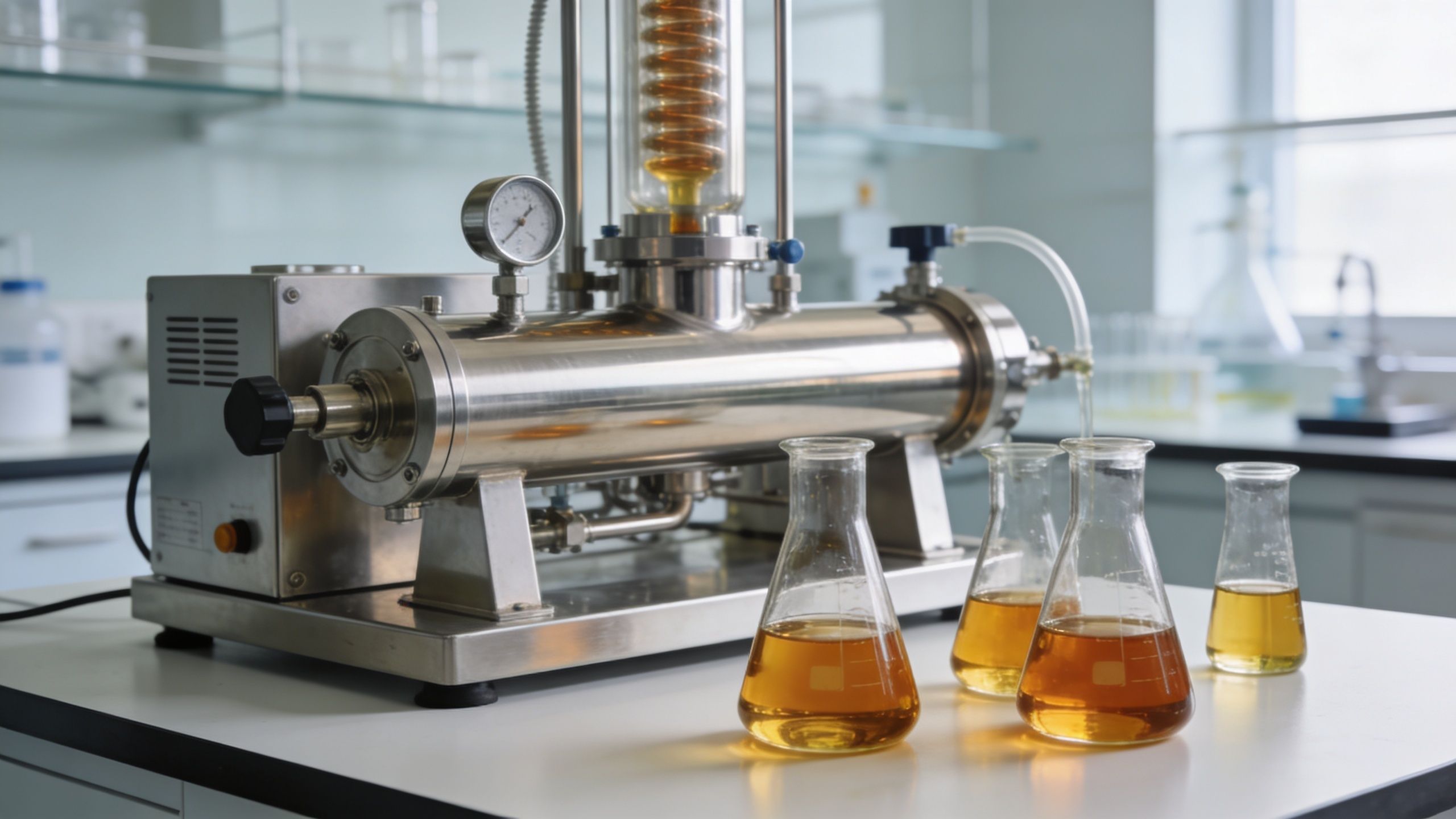 A professional scientific laboratory setup extracting high quality essential oil into glass flasks on a table.