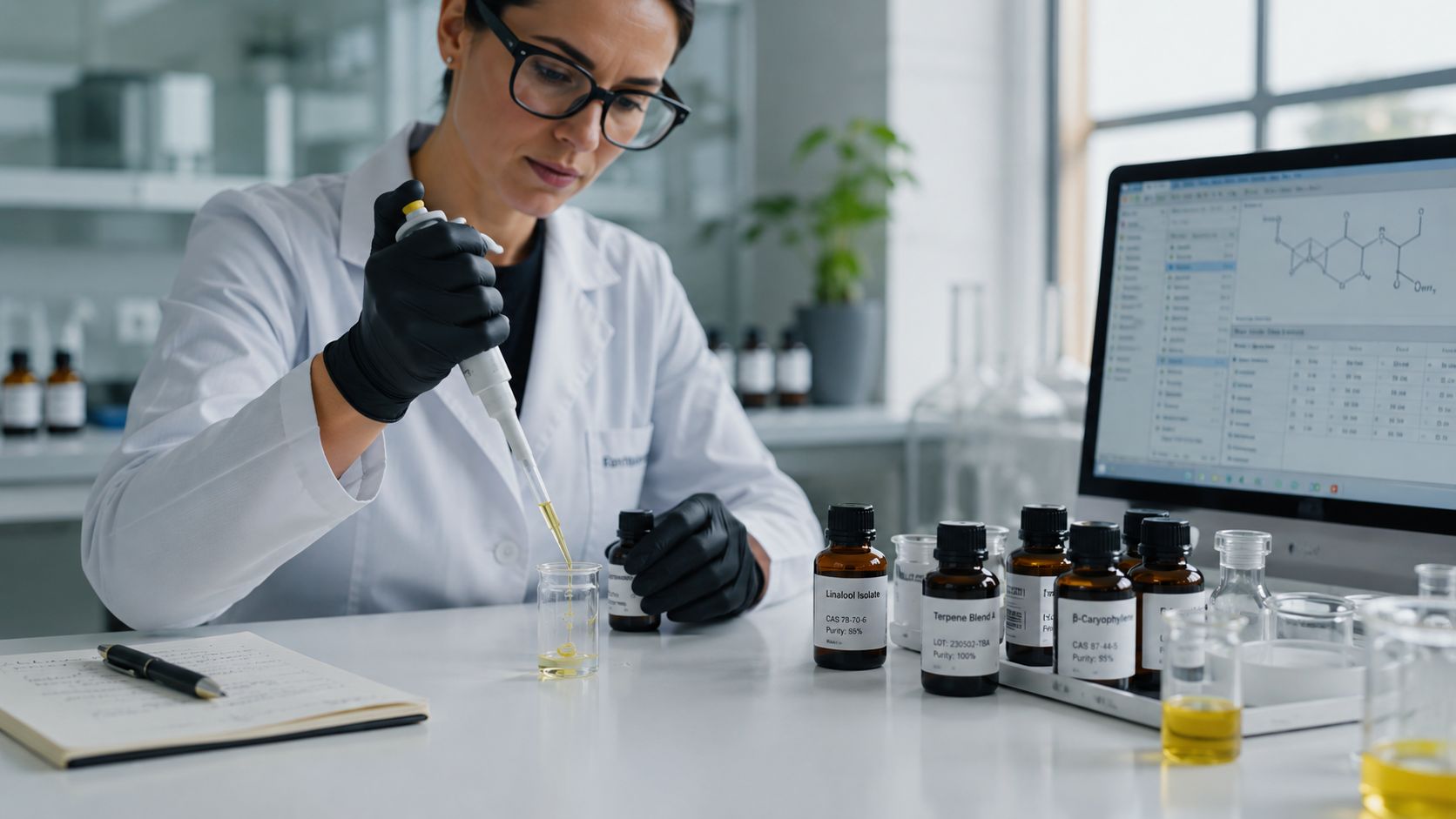 A scientist in a laboratory uses a pipette to transfer liquid into a beaker for chemical analysis.