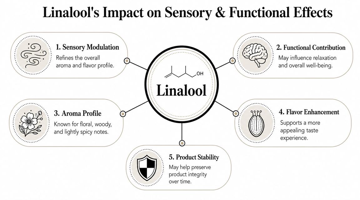A diagram illustrating the five main sensory and functional benefits of the terpene linalool on human products.
