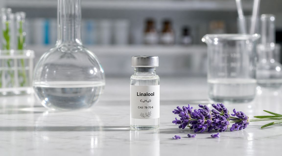 A vial labeled Linalool with lavender flowers on a white lab table in a chemical laboratory.