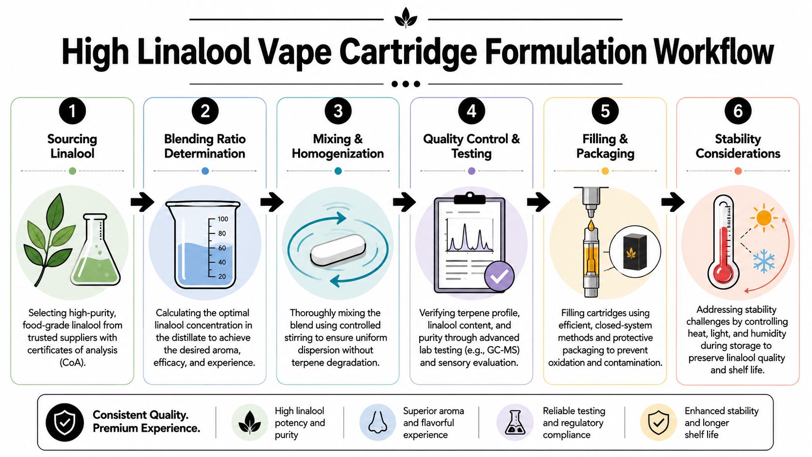 A six-step infographic detailing the high linalool vape cartridge production workflow, from sourcing to stability.