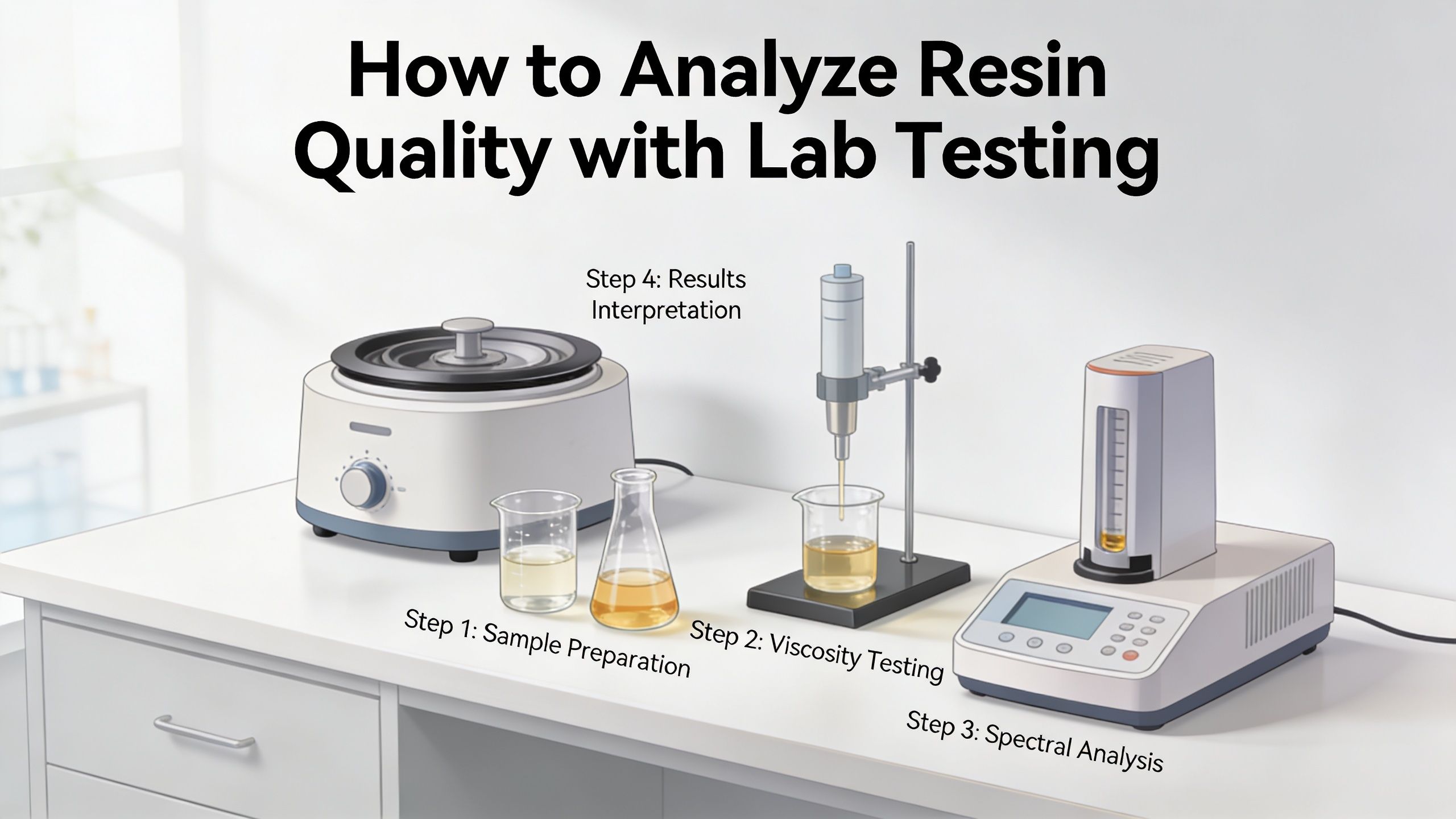 Laboratory setup showing the step-by-step process of analyzing resin quality for industrial or research purposes.