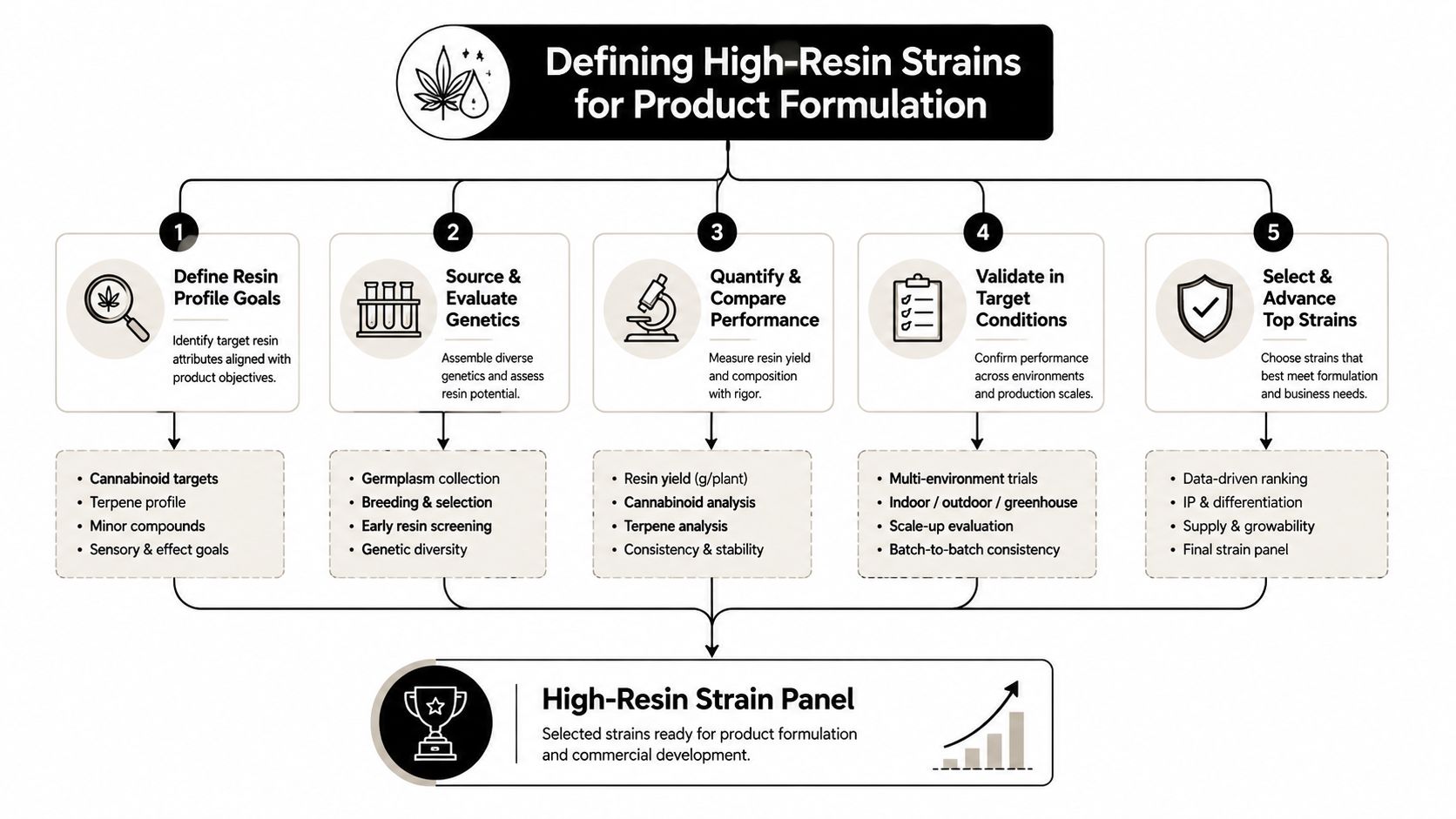 A five-step flowchart outlining the process of defining and selecting high-resin cannabis strains for product formulation.