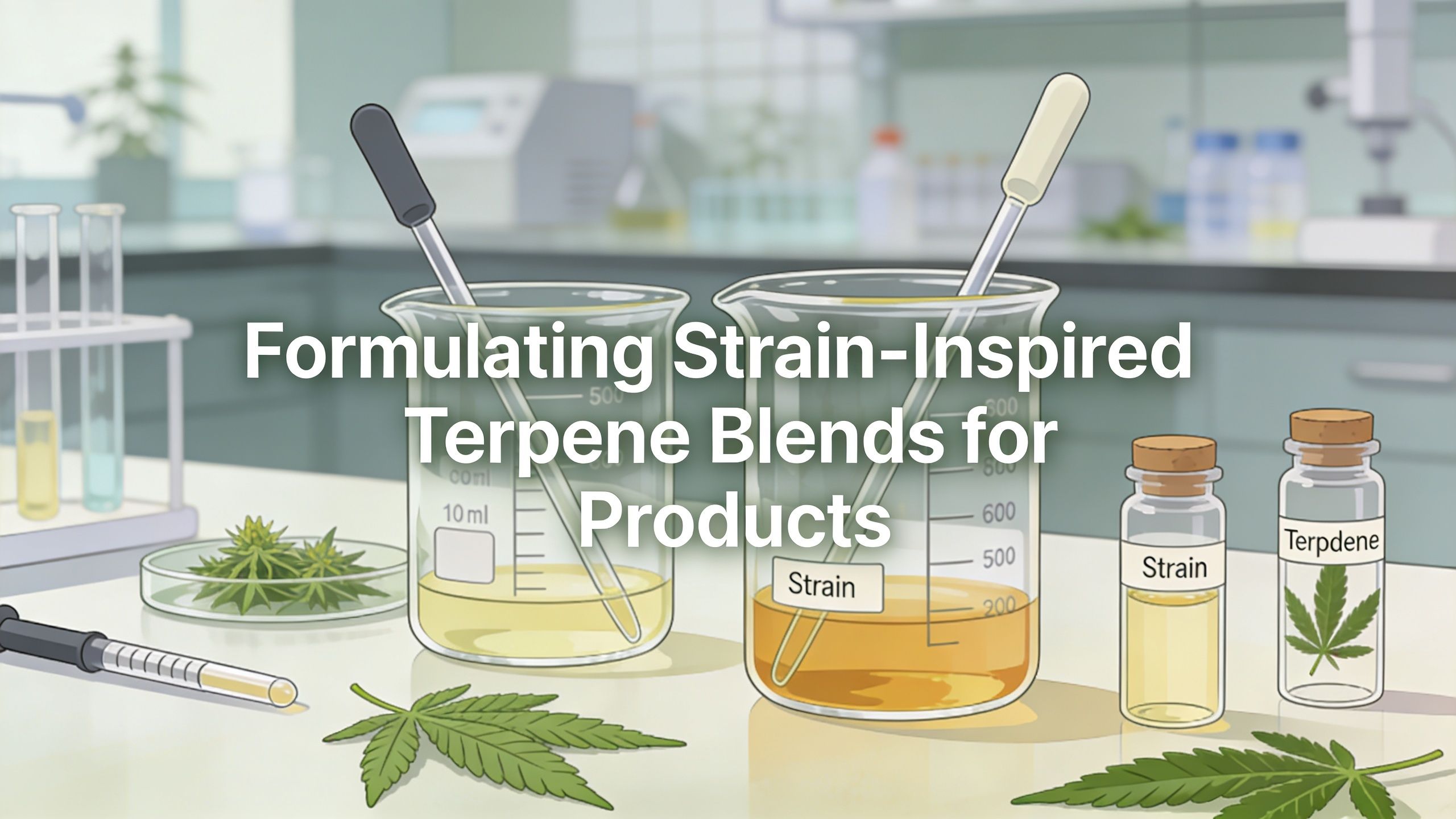 Lab equipment for creating terpene blends and strain-inspired products featuring cannabis leaves and botanical extracts.