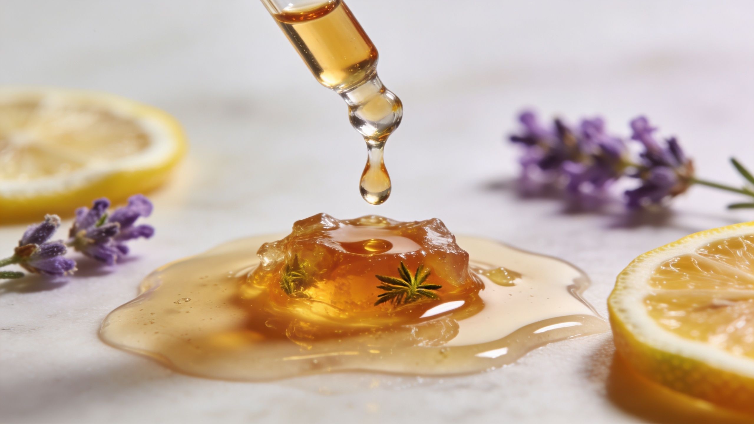 A glass dropper dispensing golden oil onto a gel-like substance surrounded by lavender sprigs and lemon slices.