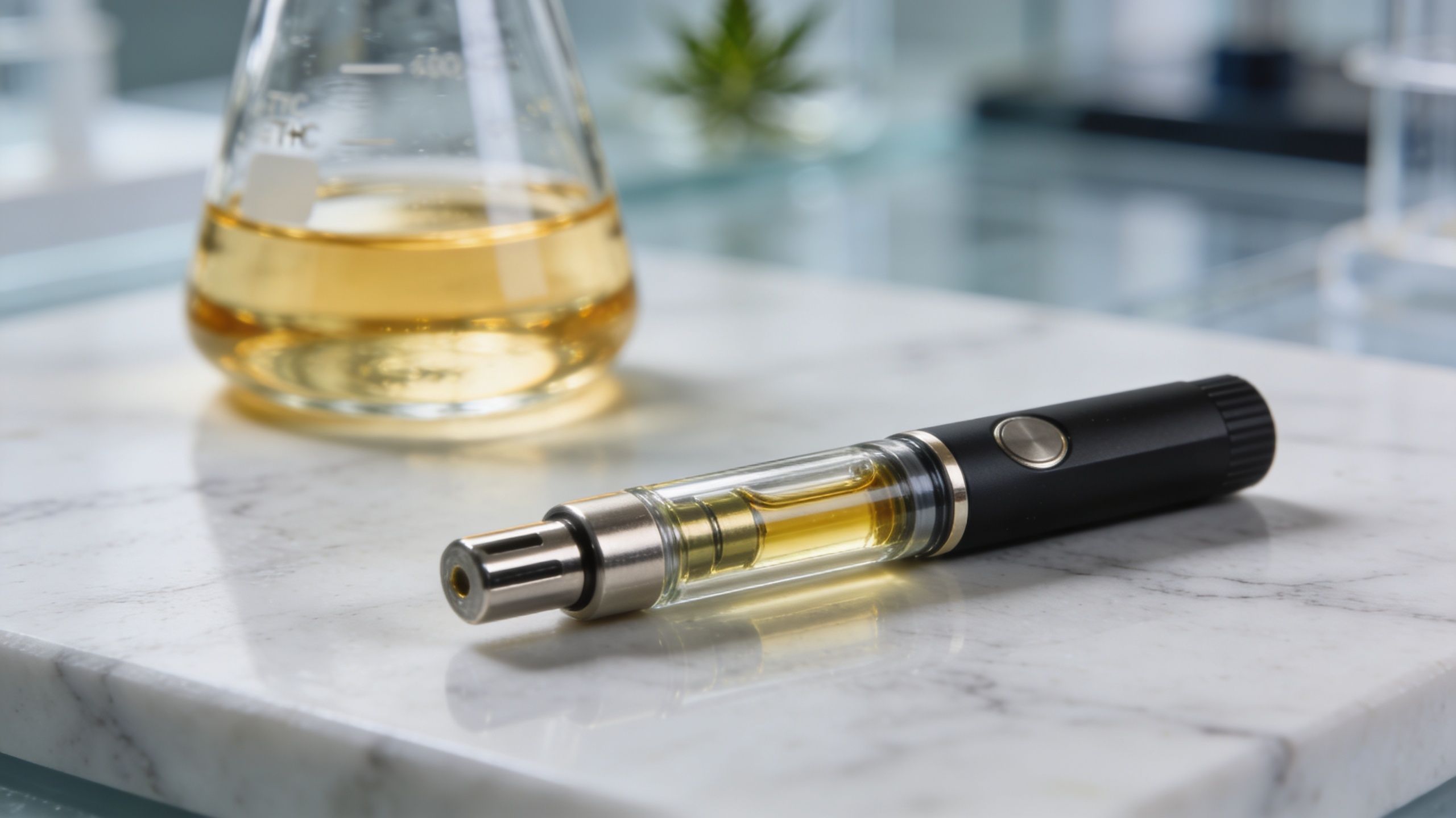 A sleek vape pen filled with golden oil rests on a white marble surface next to a beaker.