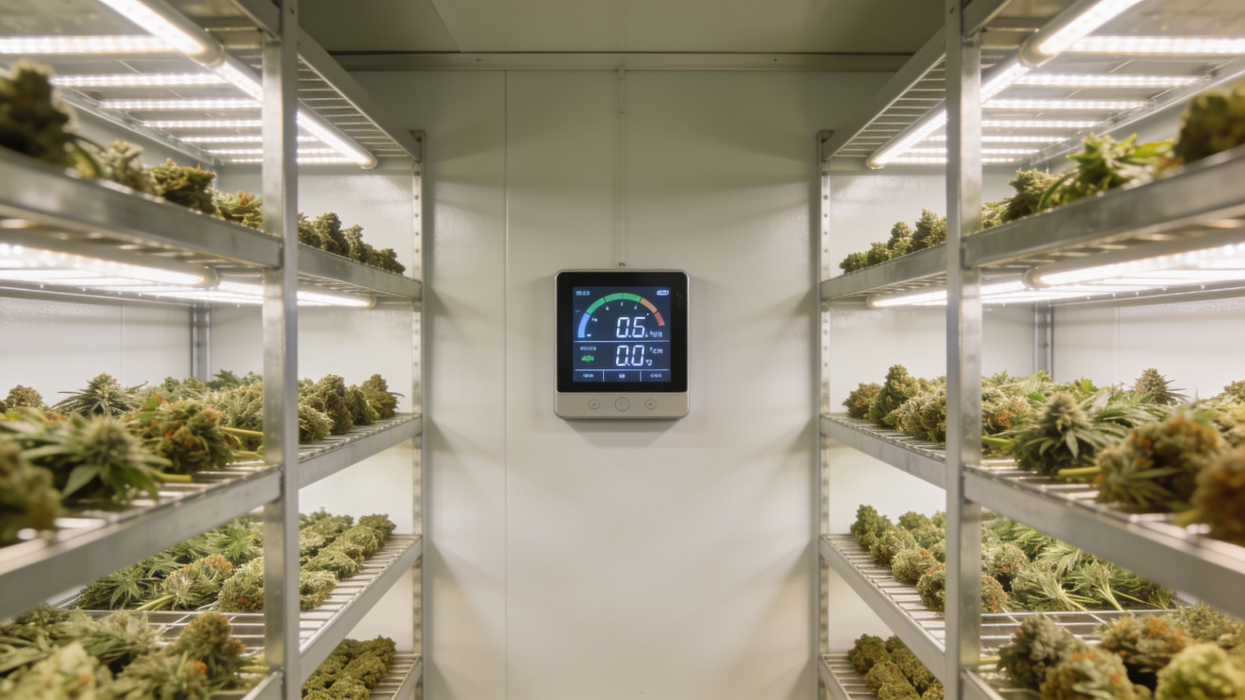 A climate-controlled room with drying cannabis flower buds arranged on industrial shelving units under bright LED lights.