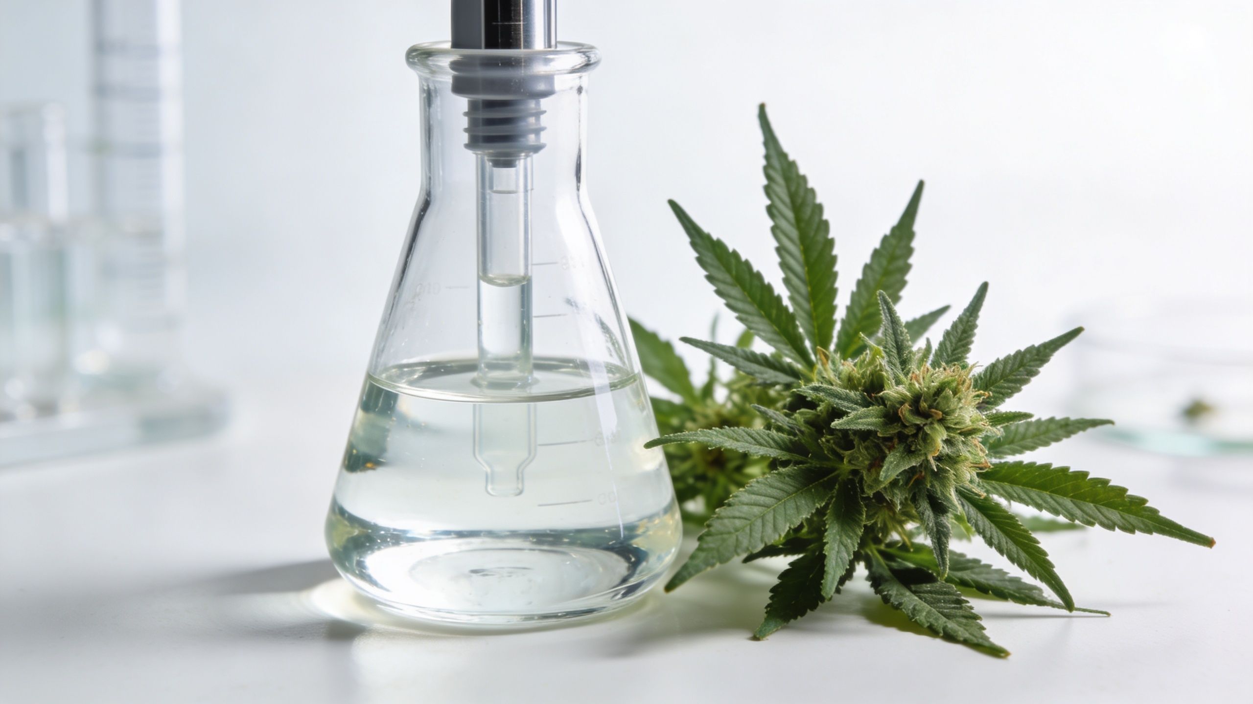 A glass laboratory flask containing clear liquid with a cannabis plant bud resting on a white table.