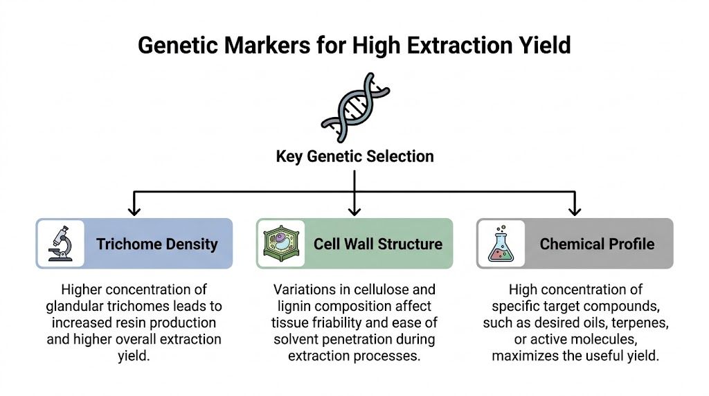A diagram outlining three genetic markers for high extraction yield: trichome density, cell wall structure, and chemical profile.