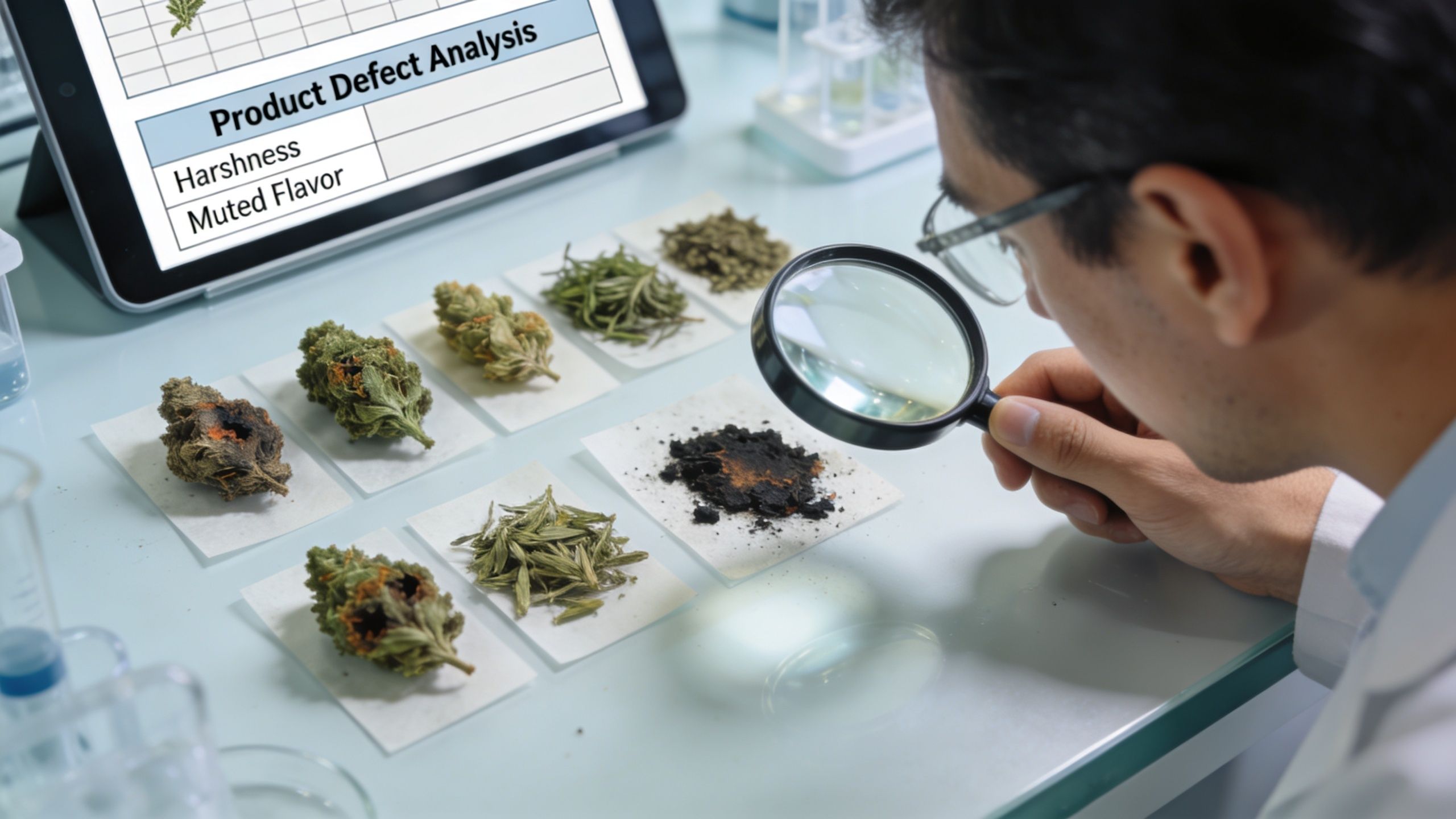A scientist inspecting samples of infused cannabis flower under a magnifying glass for product quality analysis.