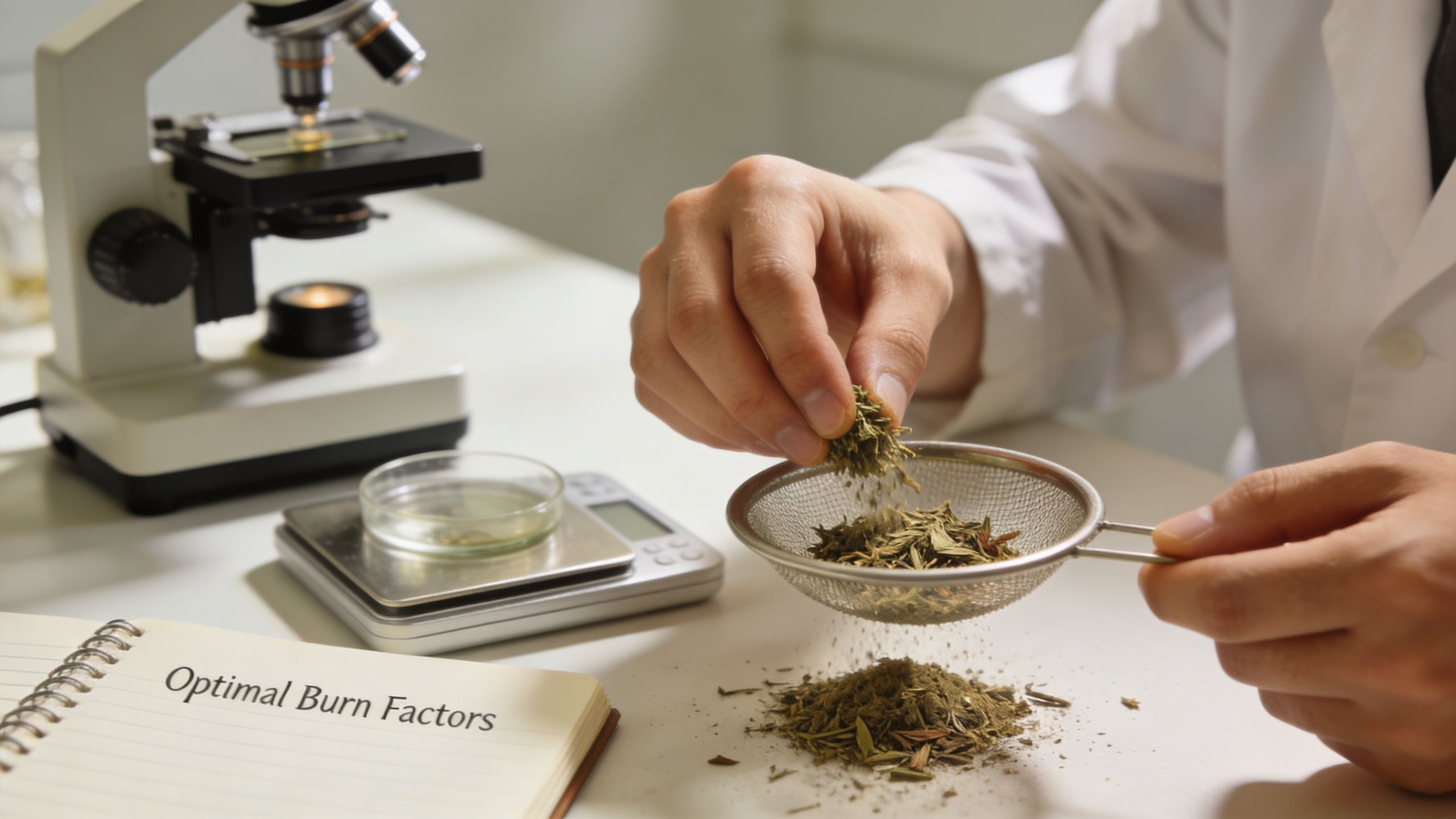 A researcher in a laboratory prepares infused flower by sifting it through a fine metal sieve.