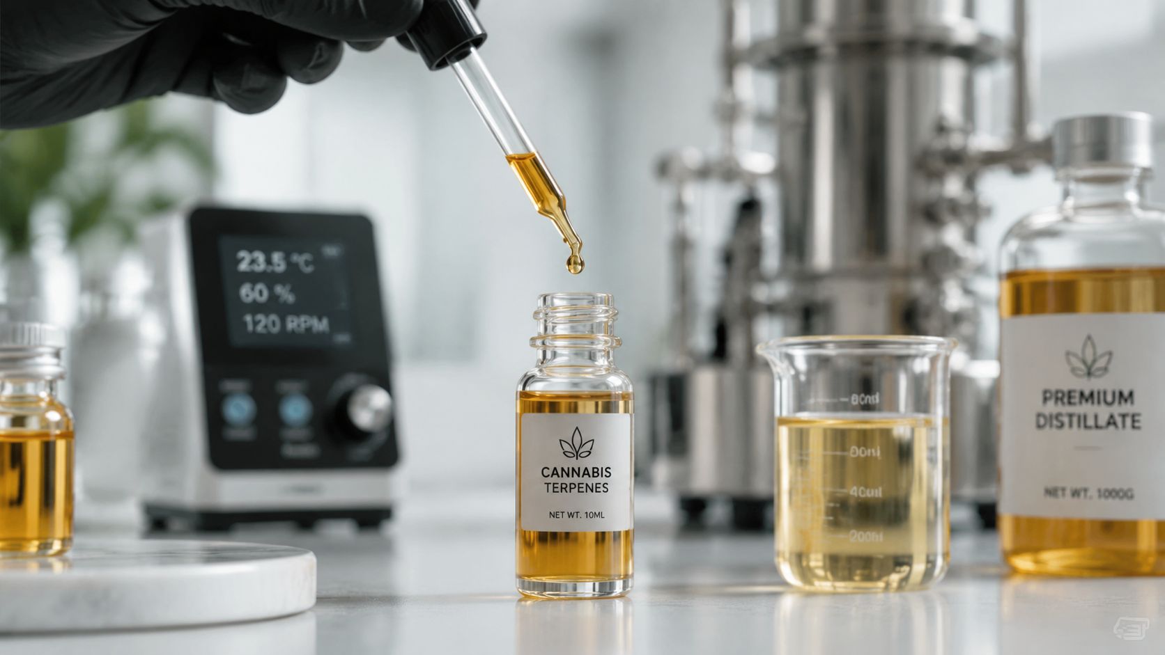 A scientist's gloved hand uses a pipette to dispense amber liquid into a small cannabis terpenes bottle.