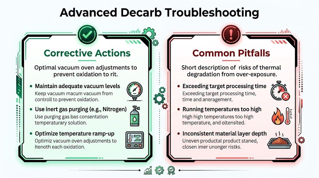 A technical infographic comparing corrective actions and common pitfalls for advanced decarboxylation of cannabis extracts.