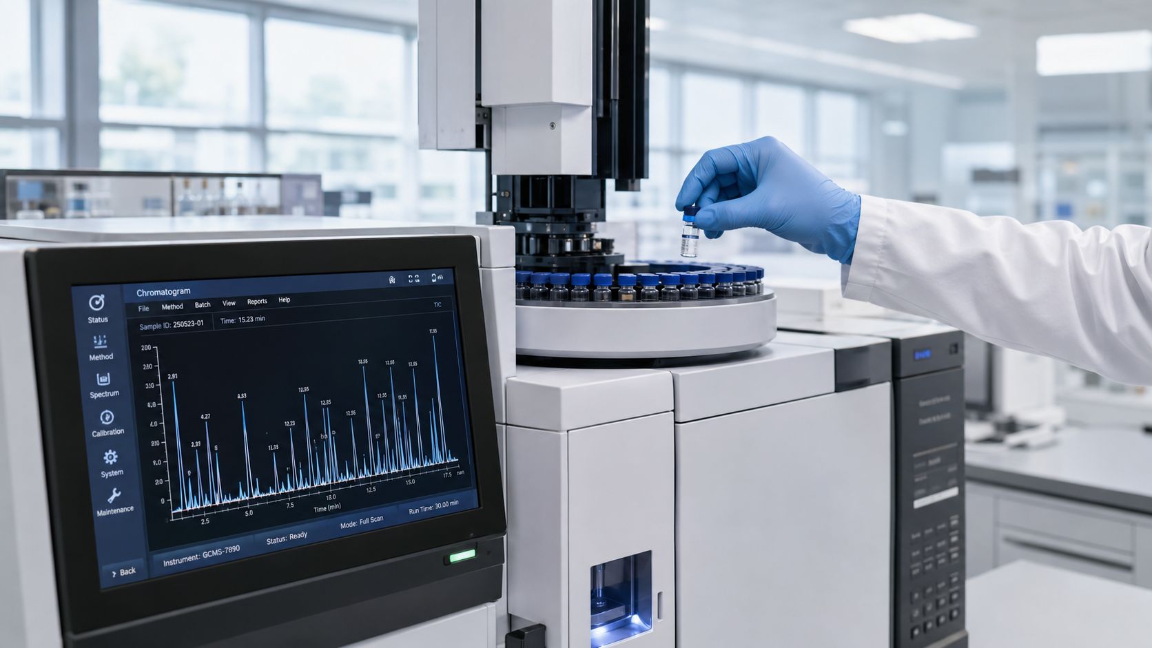 A laboratory technician in a white coat and blue gloves processes a sample vial using a chromatograph.