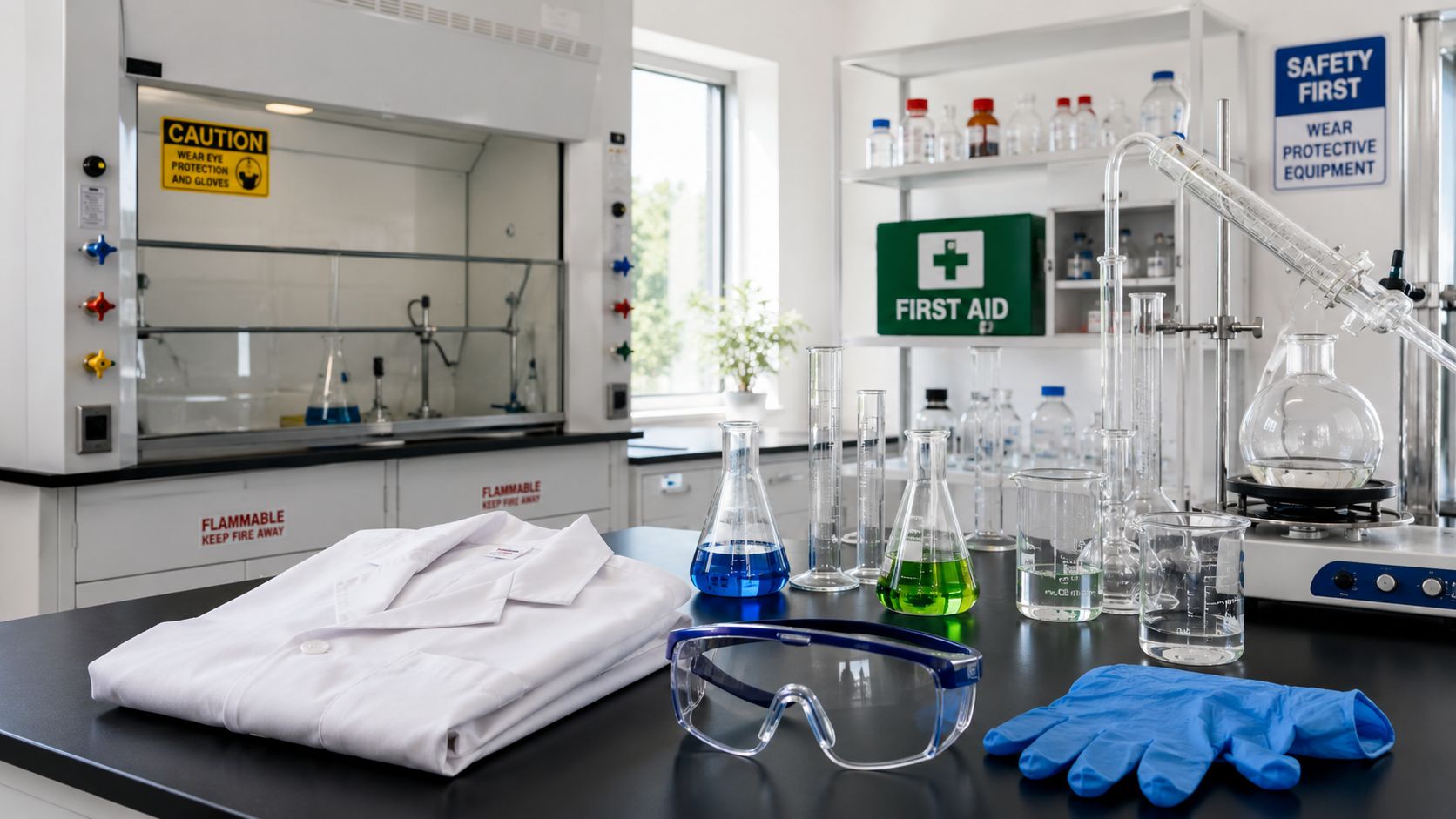 A professional science laboratory setup featuring beakers, glassware, a lab coat, safety goggles, and blue nitrile gloves.