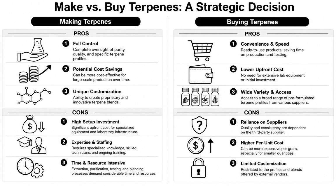 A comparison infographic showing pros and cons of making versus buying terpenes for strategic business decisions.