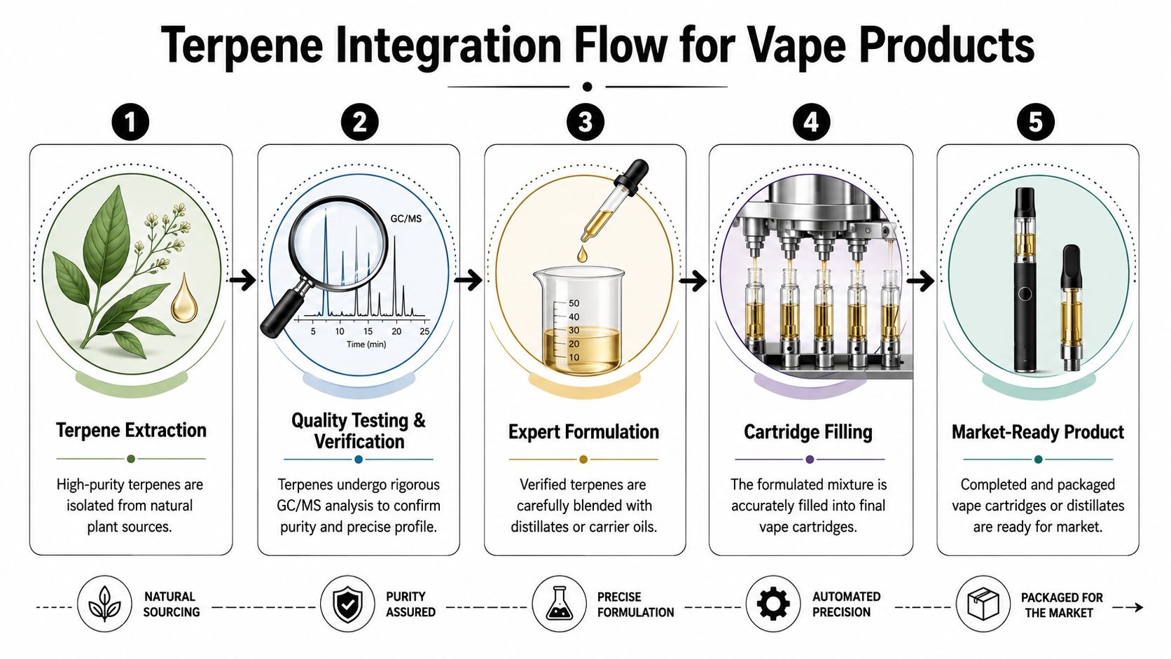 A five-step infographic showing the process of terpene extraction, testing, formulation, and manufacturing for vape products.