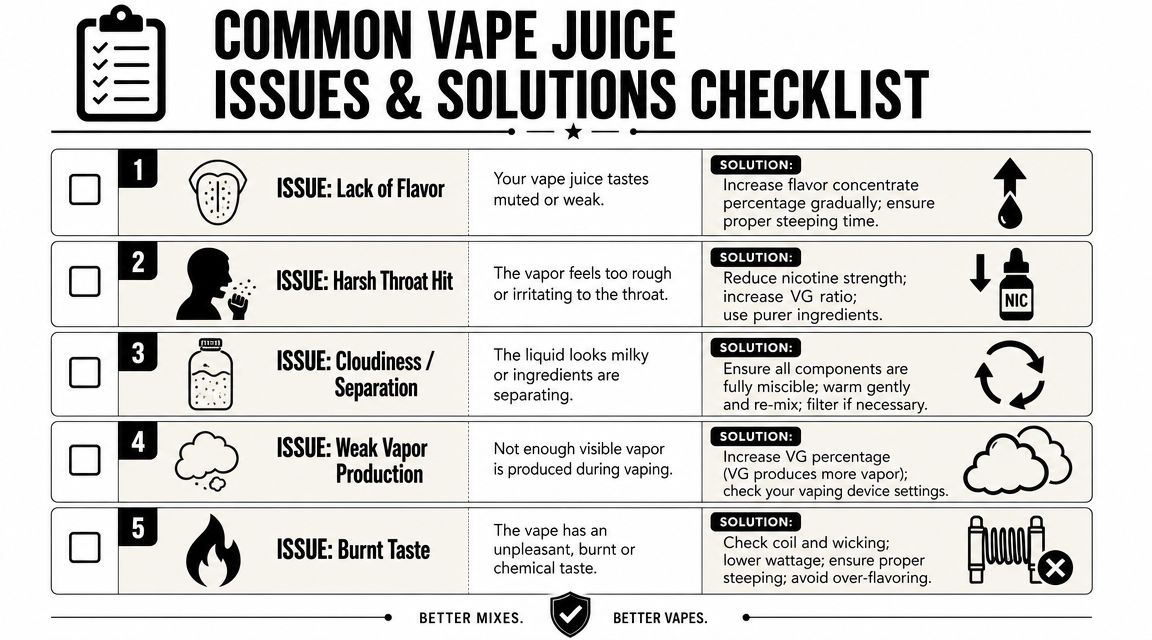 A checklist infographic titled Common Vape Juice Issues and Solutions providing tips for better DIY e-liquid mixing.