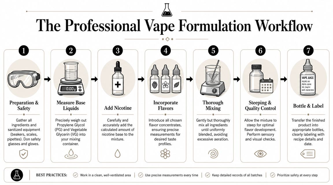 A step-by-step infographic titled The Professional Vape Formulation Workflow illustrating the process of making vape juice.